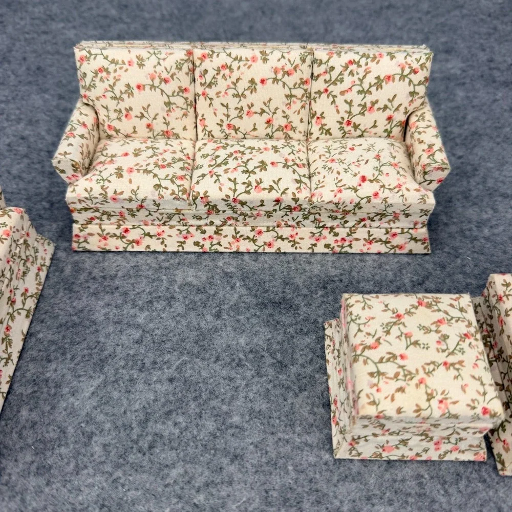Miniature Dollhouse Floral Living Room Furniture Set Sofa Chairs Ottoman 4 Pc